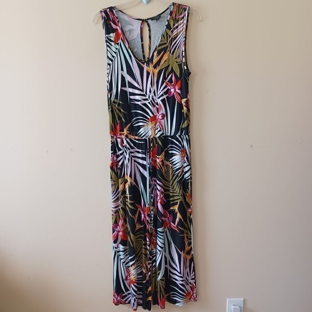 Wide Led Jumpsuit Spense Sz M Sleeveless Pullon Tropical Pockets Stretch Resort